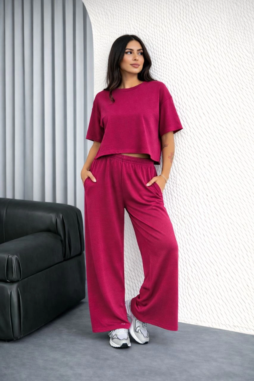 Kadın Osy Modal yumuşak dokulu Oversize İkili Takım Bol Paça Pantolonlu Takım - Fuşya