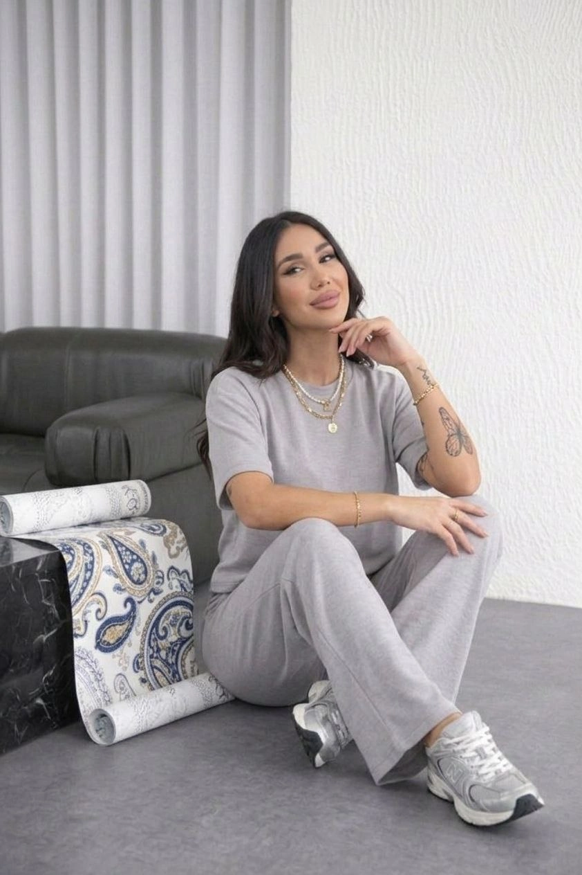 Kadın Osy Modal yumuşak dokulu Oversize İkili Takım Bol Paça Pantolonlu Takım - Gri