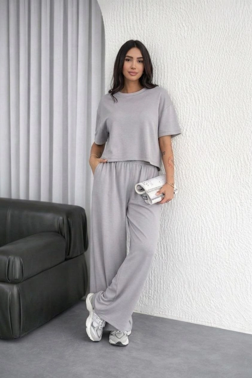 Kadın Osy Modal yumuşak dokulu Oversize İkili Takım Bol Paça Pantolonlu Takım - Gri
