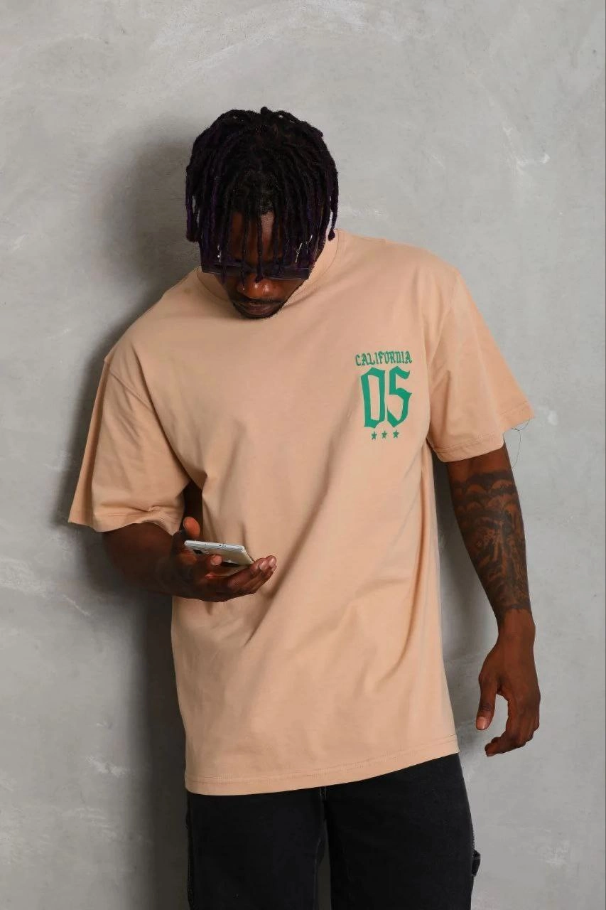 Erkek Baskılı T-Shirt Kısa Kol Bisiklet Yaka Regular Fit Rahat Kalıp Günlük Tişört - Bej