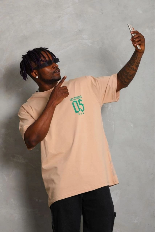 Erkek Baskılı T-Shirt Kısa Kol Bisiklet Yaka Regular Fit Rahat Kalıp Günlük Tişört - Bej