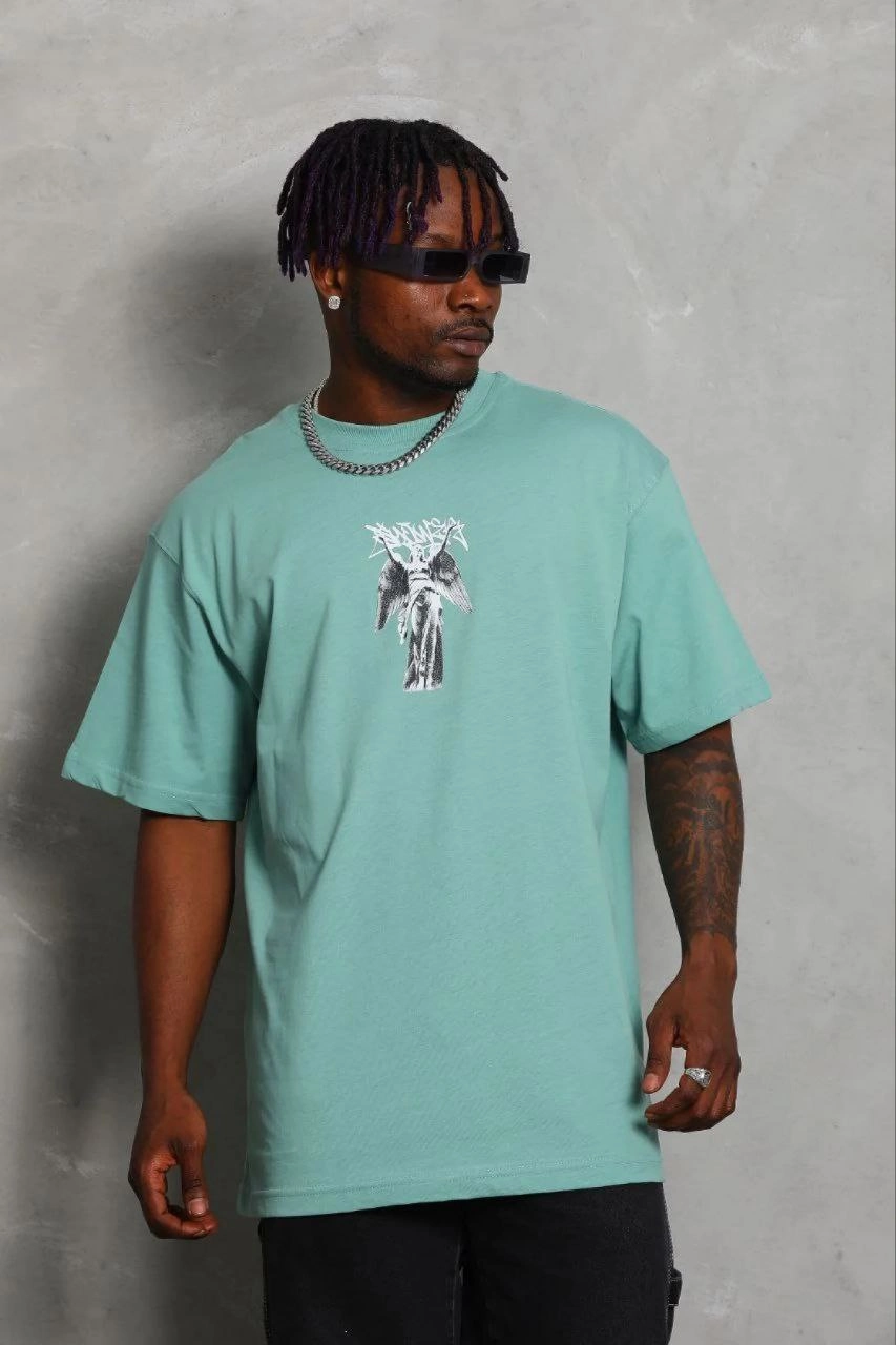 Erkek Baskılı T-Shirt Kısa Kol Bisiklet Yaka Regular Fit Rahat Kalıp Günlük Tişört - Mint Yeşili
