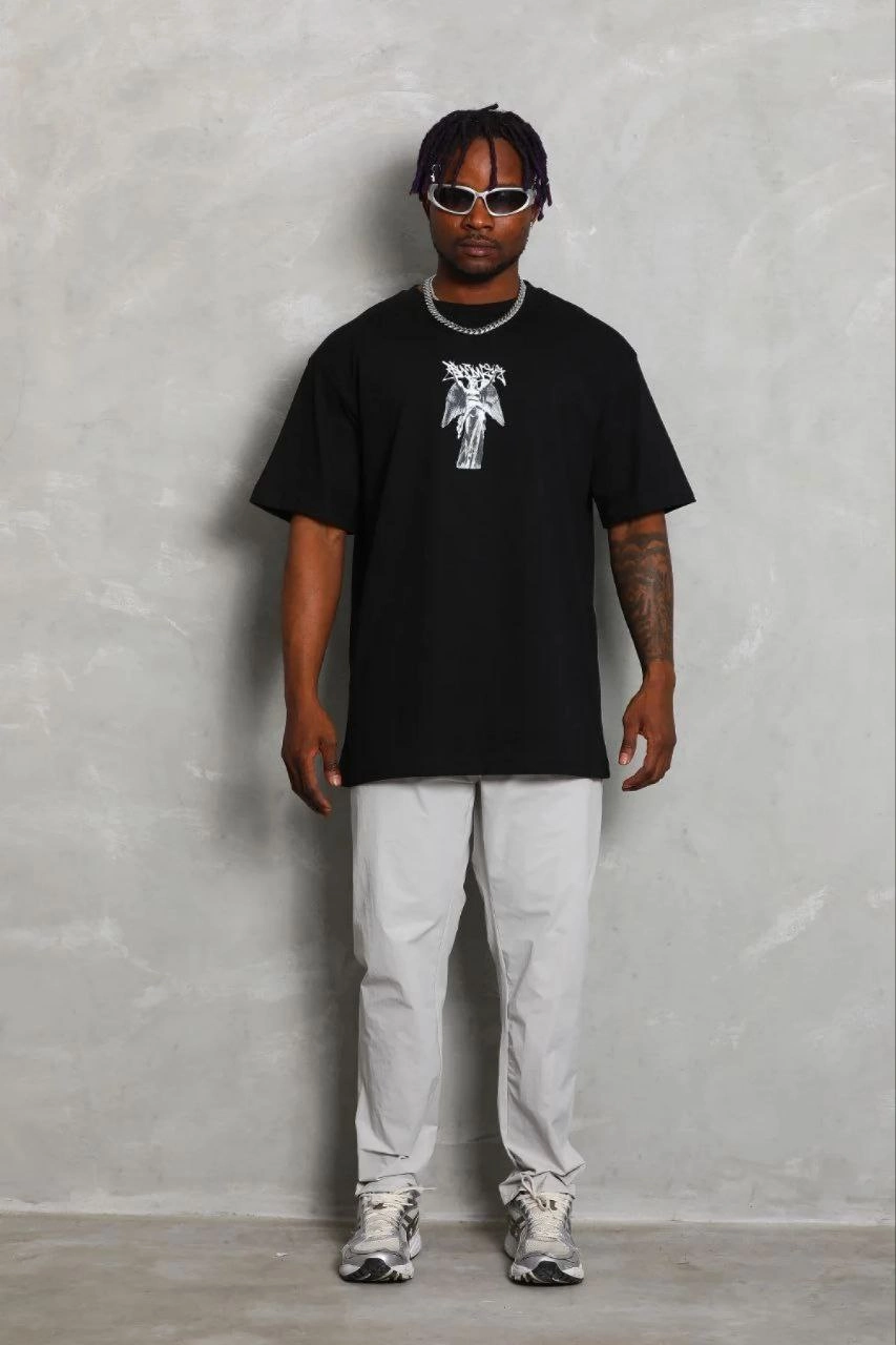 Erkek Baskılı T-Shirt Kısa Kol Bisiklet Yaka Regular Fit Rahat Kalıp Günlük Tişört - Siyah