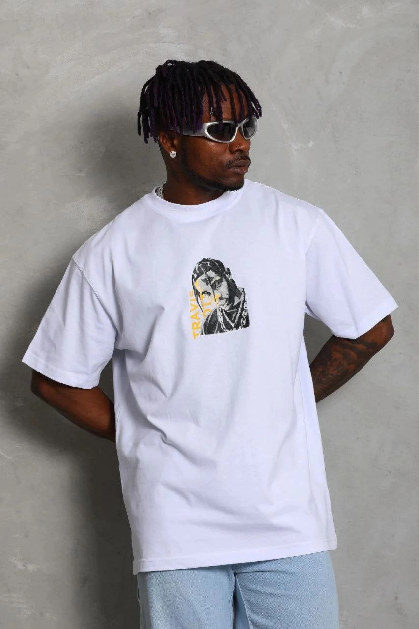 Erkek Baskılı T-Shirt Kısa Kol Bisiklet Yaka Regular Fit Rahat Kalıp Günlük Tişört - Beyaz