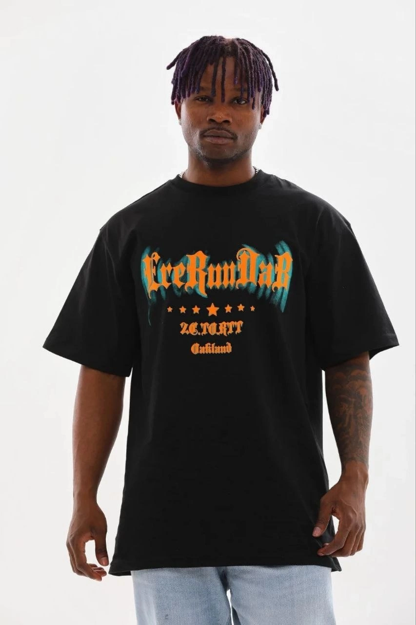 Erkek Baskılı T-Shirt Kısa Kol Bisiklet Yaka Regular Fit Rahat Kalıp Günlük Tişört - Siyah