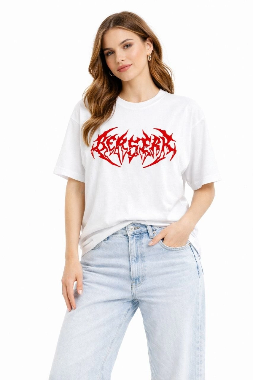 Kadın Kısa Kol Yazlık Tişört Bisiklet Yaka Baskılı Oversize T-Shirt - Beyaz