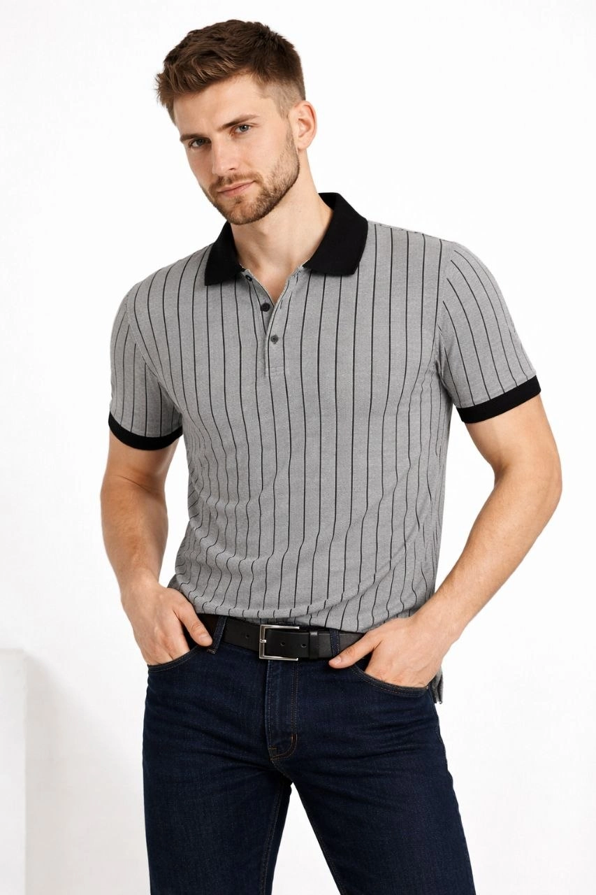 Erkek Polo Yaka Çizgili Tişört Kısa Kol Düğmeli Yazlık T-Shirt - Gri