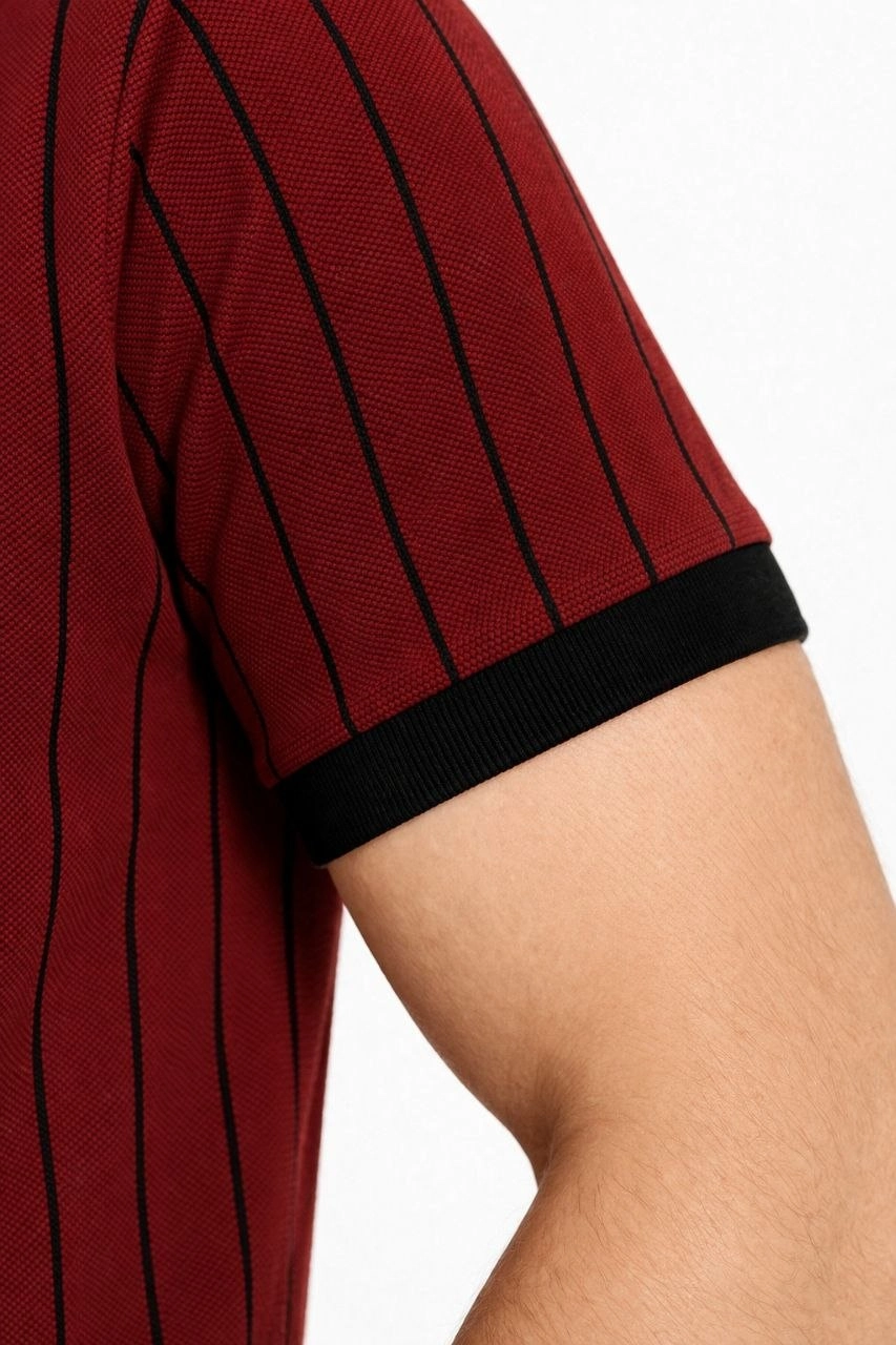 Erkek Polo Yaka Çizgili Tişört Kısa Kol Düğmeli Yazlık T-Shirt - Bordo