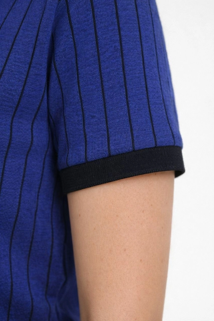 Kadın Polo Yaka Çizgili Tişört Kısa Kol Düğmeli Yazlık T-Shirt - Saks Mavisi