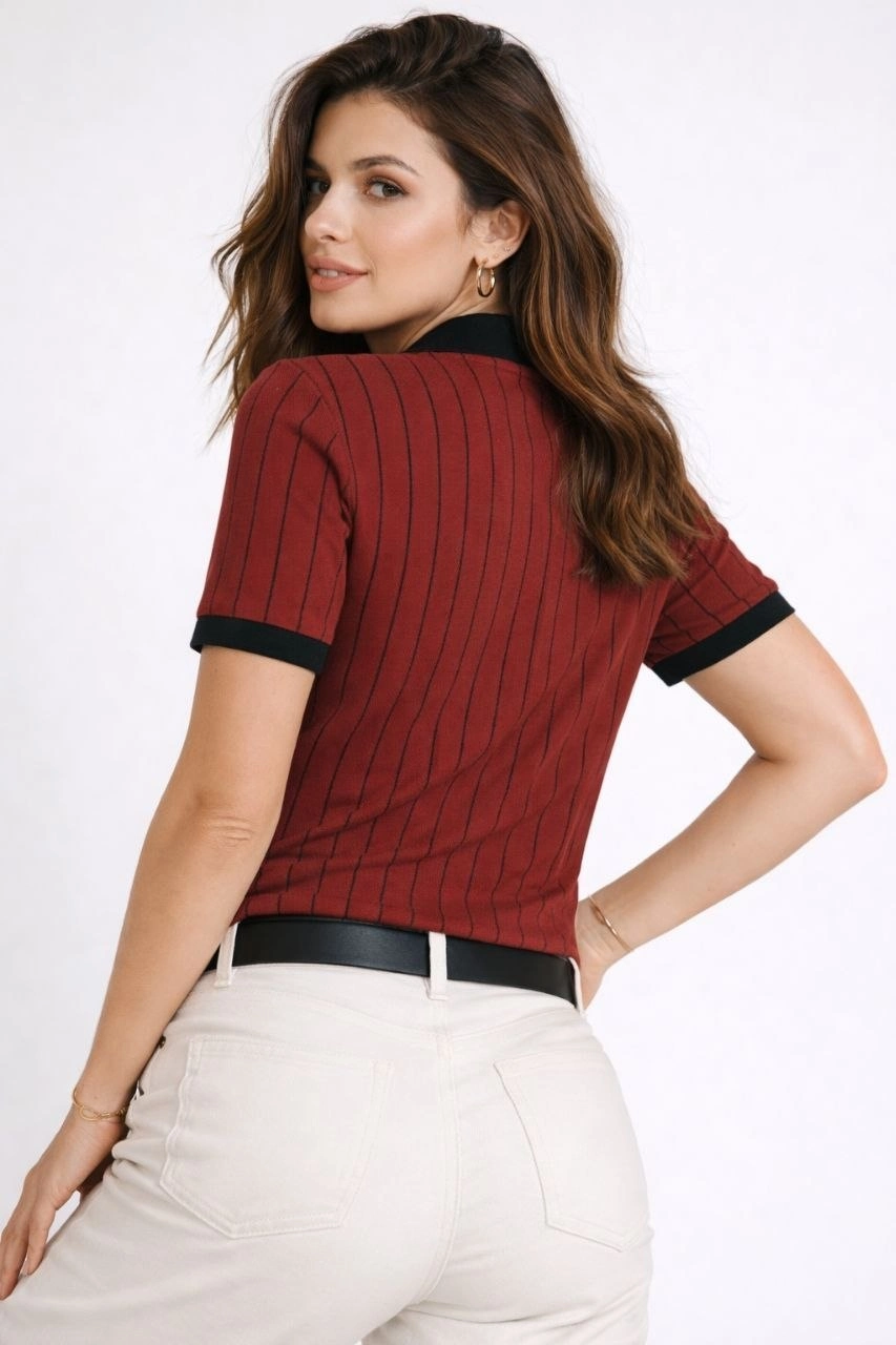 Kadın Polo Yaka Çizgili Tişört Kısa Kol Düğmeli Yazlık T-Shirt - Bordo