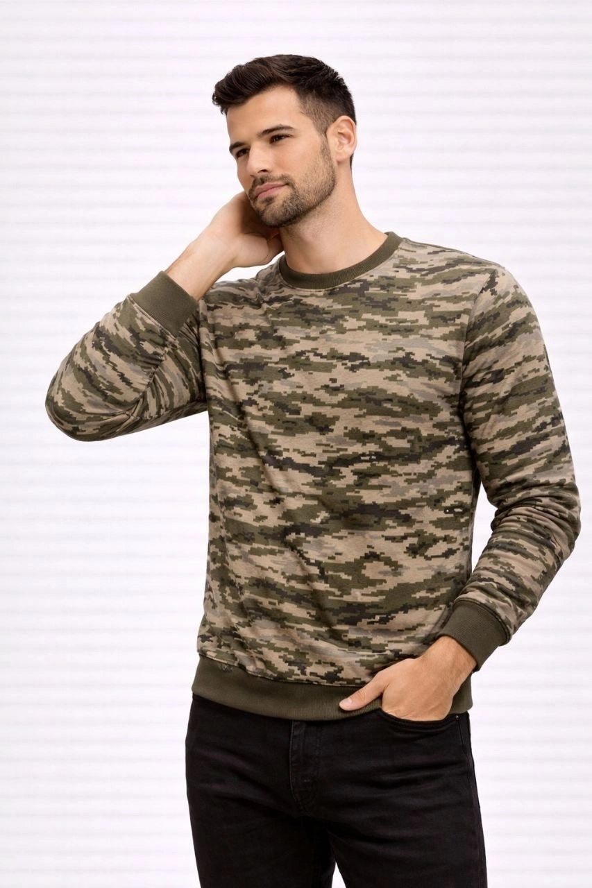 Erkek Kamuflaj Desenli 2 İplik 4 Mevsim Uzun Kollu Bisiklet Yaka Sweatshirt - Kamuflaj