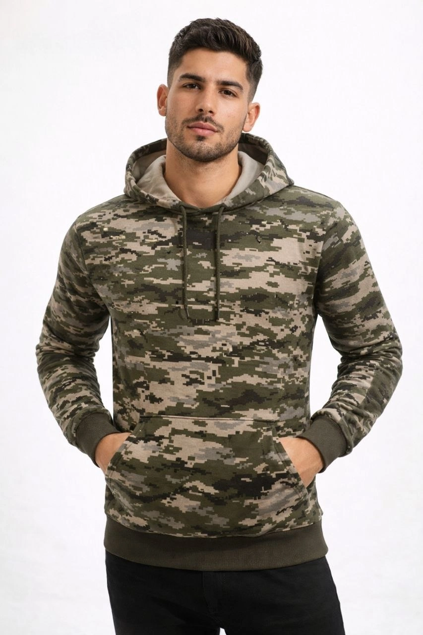 Erkek Kamuflaj Desenli 2 İplik 4 Mevsim Kapüşonlu Kanguru Cepli Hoodie Sweatshirt - Kamuflaj
