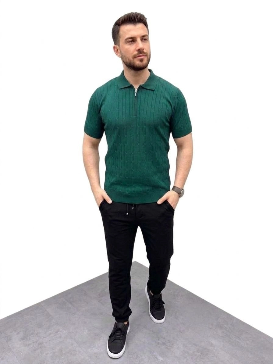 Erkek Yazlık Triko Saç Örgü Tişört Kısa Kol Polo Yaka Fermuarlı T-Shirt - Haki