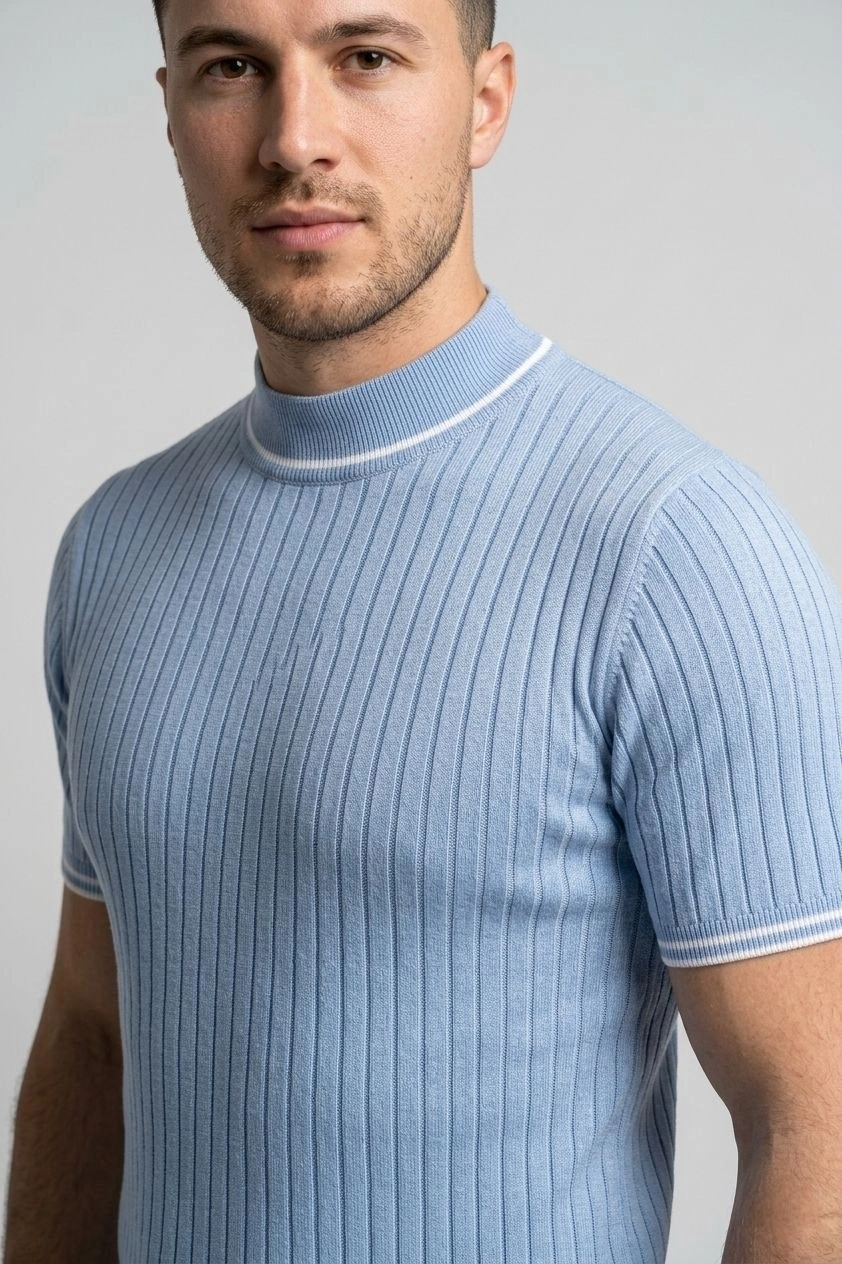 Erkek Fitilli Triko Dokuma Kısa Kol Tişört Yarım Boğaz Modern Yazlık T-Shirt - Bebe Mavisi