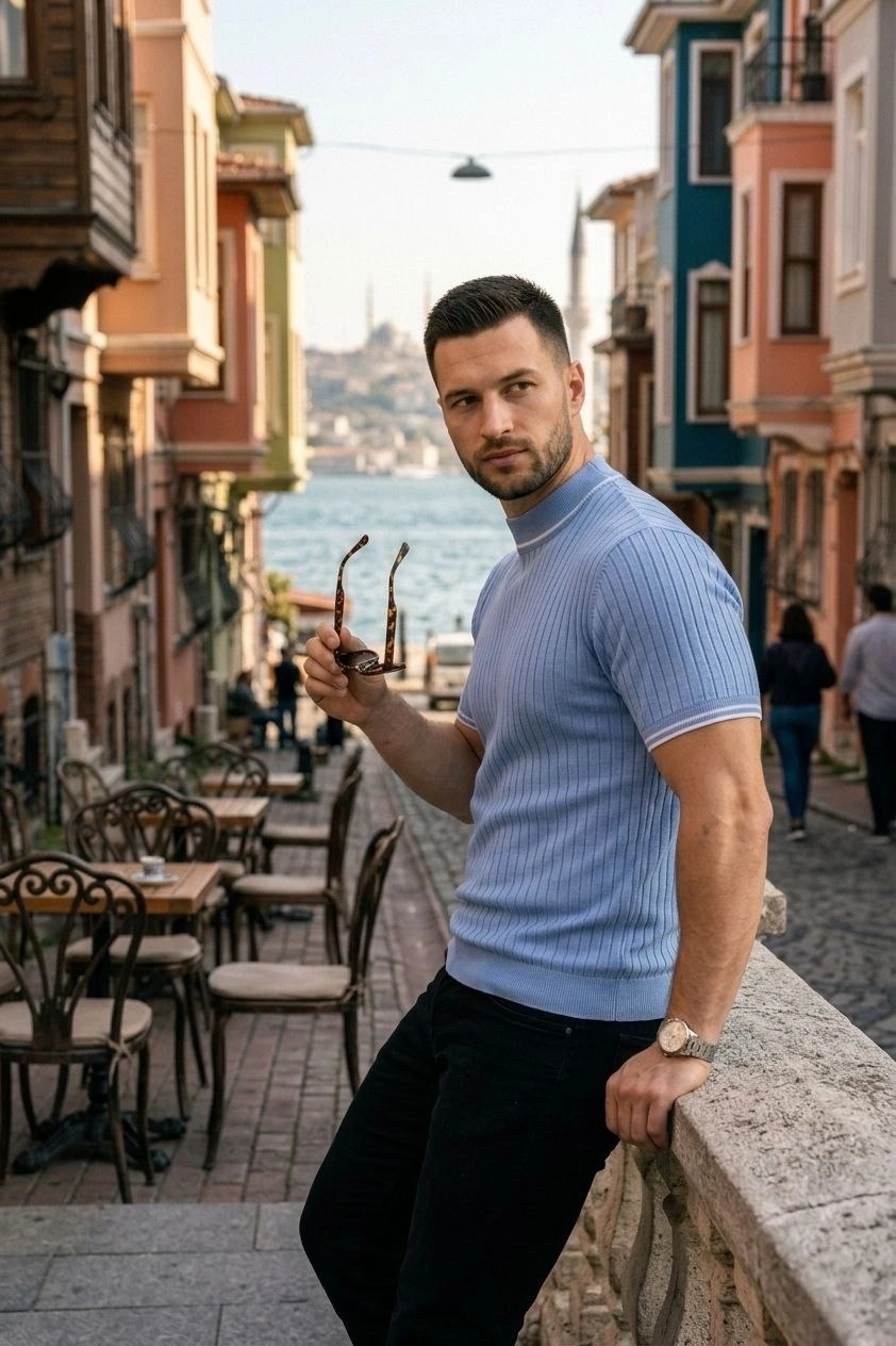 Erkek Fitilli Triko Dokuma Kısa Kol Tişört Yarım Boğaz Modern Yazlık T-Shirt - Bebe Mavisi