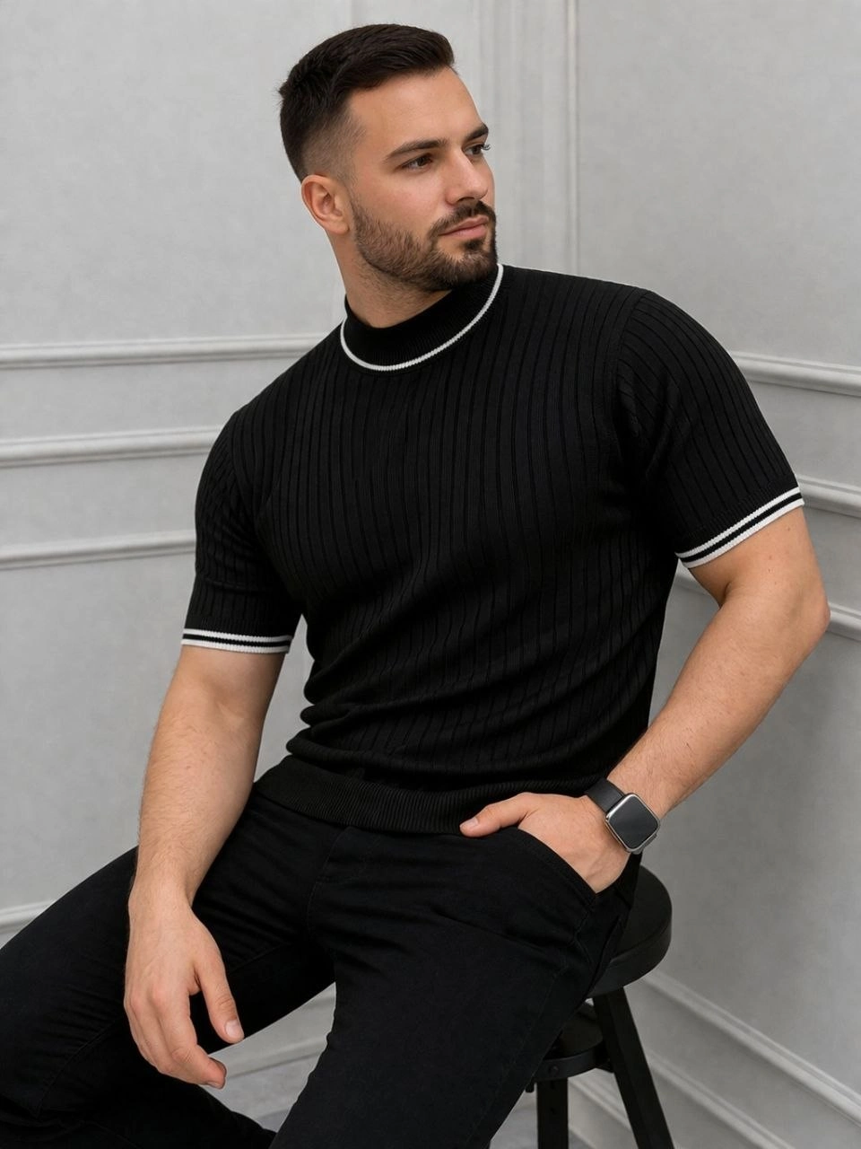 Erkek Fitilli Triko Dokuma Kısa Kol Tişört Yarım Boğaz Modern Yazlık T-Shirt - Siyah