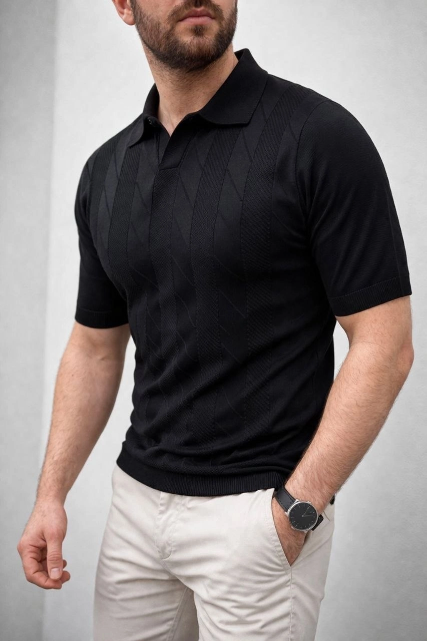 Erkek Yazlık Triko Dokuma Tişört Kısa Kol Polo Yaka T-Shirt - Siyah