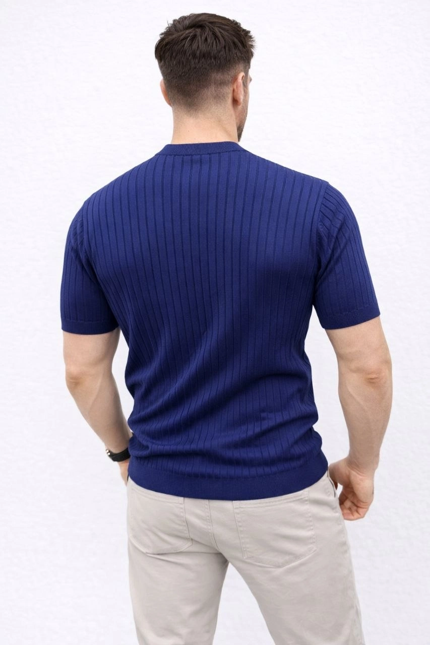 Erkek Kısa Kol Fitilli Triko T-Shirt Yazlık Hakim Yaka Tişört - Lacivert