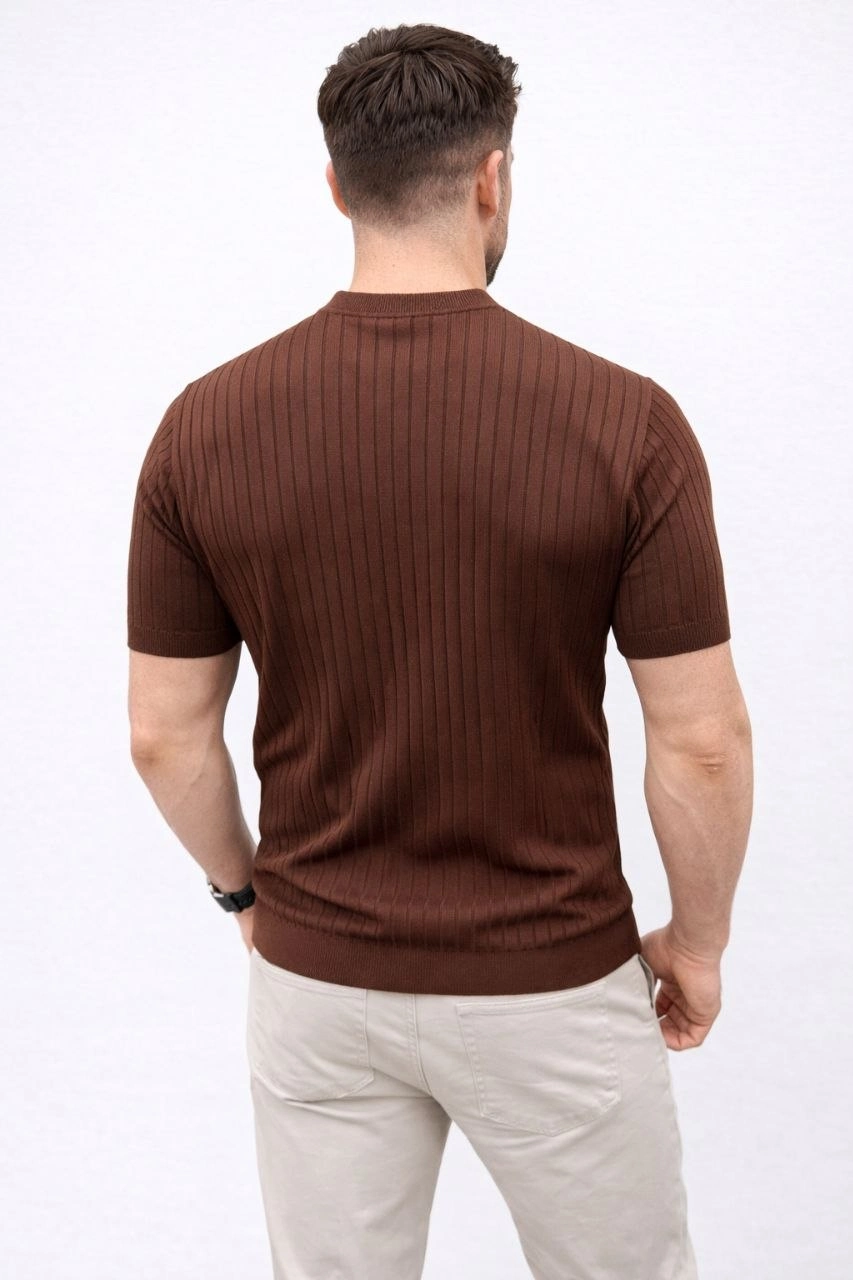 Erkek Kısa Kol Fitilli Triko T-Shirt Yazlık Hakim Yaka Tişört - Kahverengi