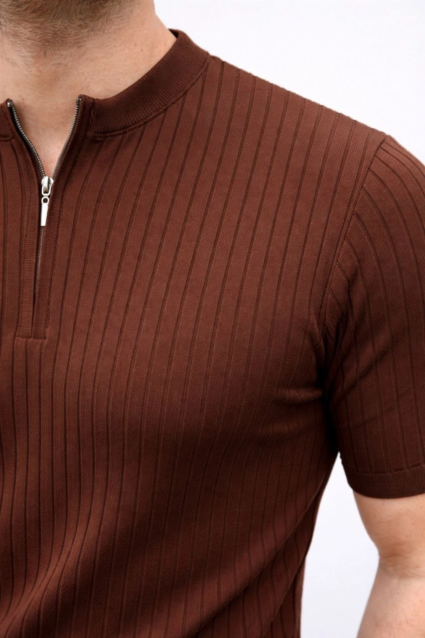 Erkek Kısa Kol Fitilli Triko T-Shirt Yazlık Hakim Yaka Tişört - Kahverengi