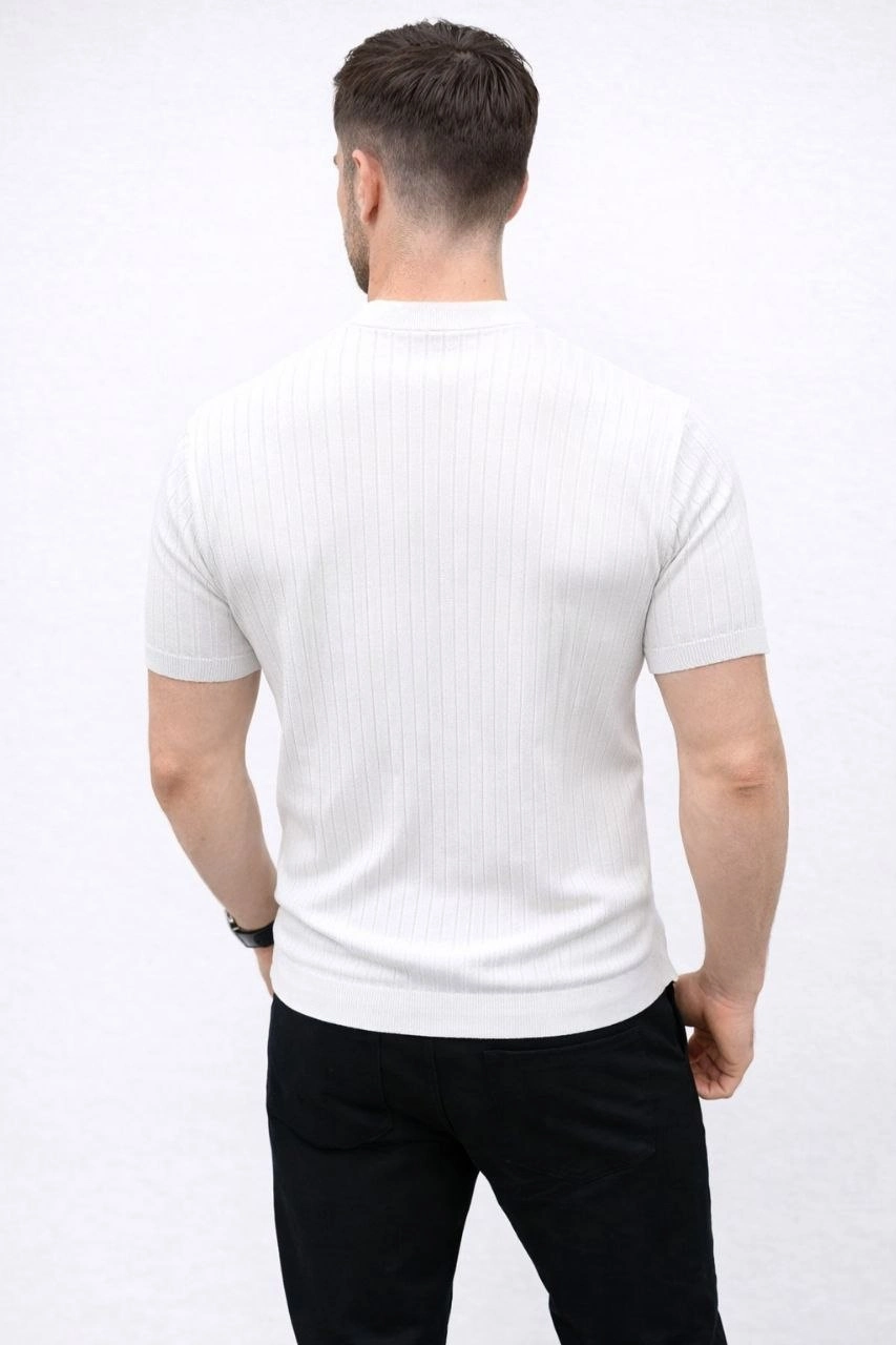 Erkek Kısa Kol Fitilli Triko T-Shirt Yazlık Hakim Yaka Tişört - Beyaz
