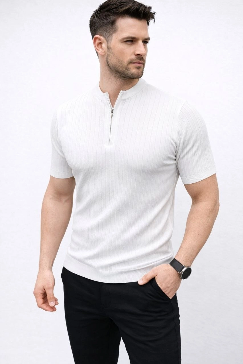 Erkek Kısa Kol Fitilli Triko T-Shirt Yazlık Hakim Yaka Tişört - Beyaz
