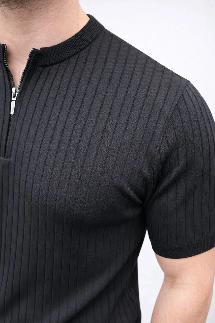 Erkek Kısa Kol Fitilli Triko T-Shirt Yazlık Hakim Yaka Tişört - Siyah
