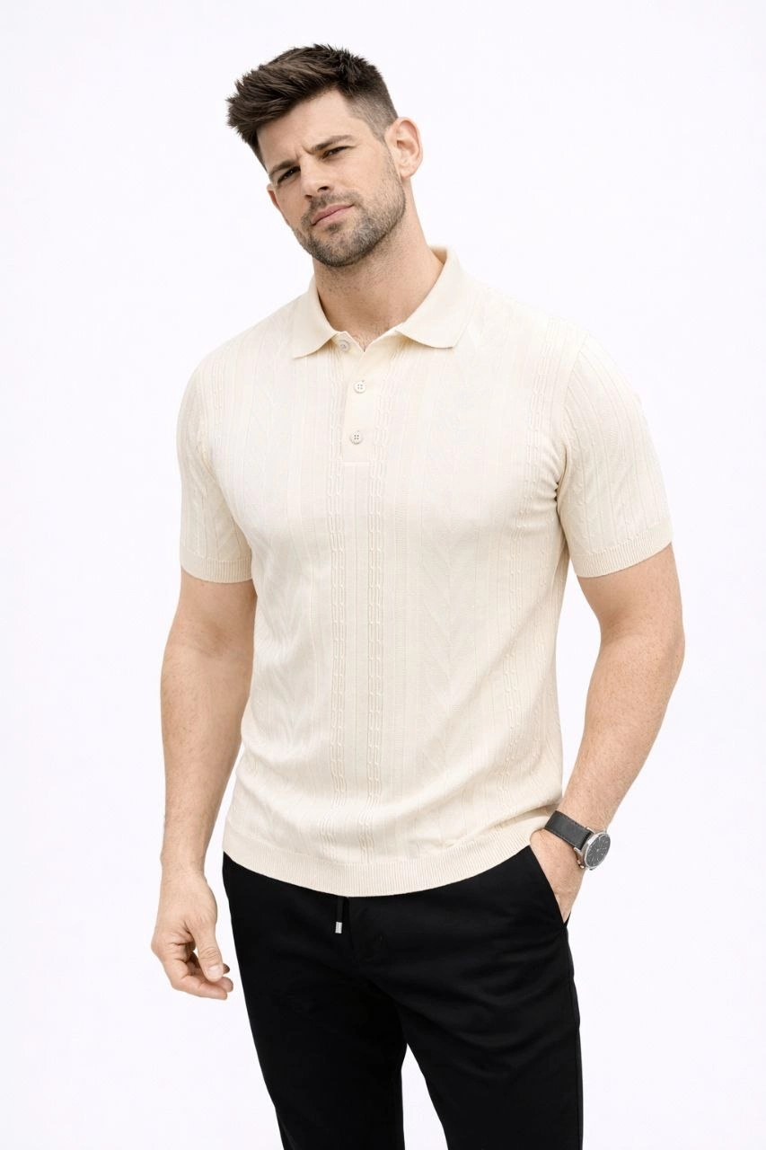 Erkek Yazlık Triko Tişört Kısa Kol Polo Yaka Düğmeli T-Shirt - Krem