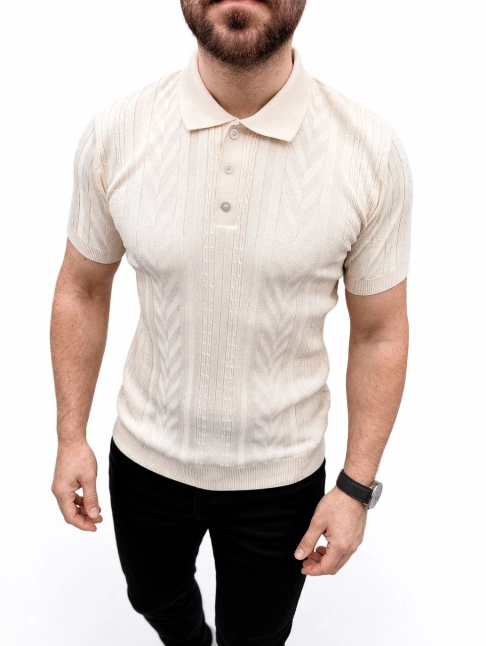 Erkek Yazlık Triko Tişört Kısa Kol Polo Yaka Düğmeli T-Shirt - Krem
