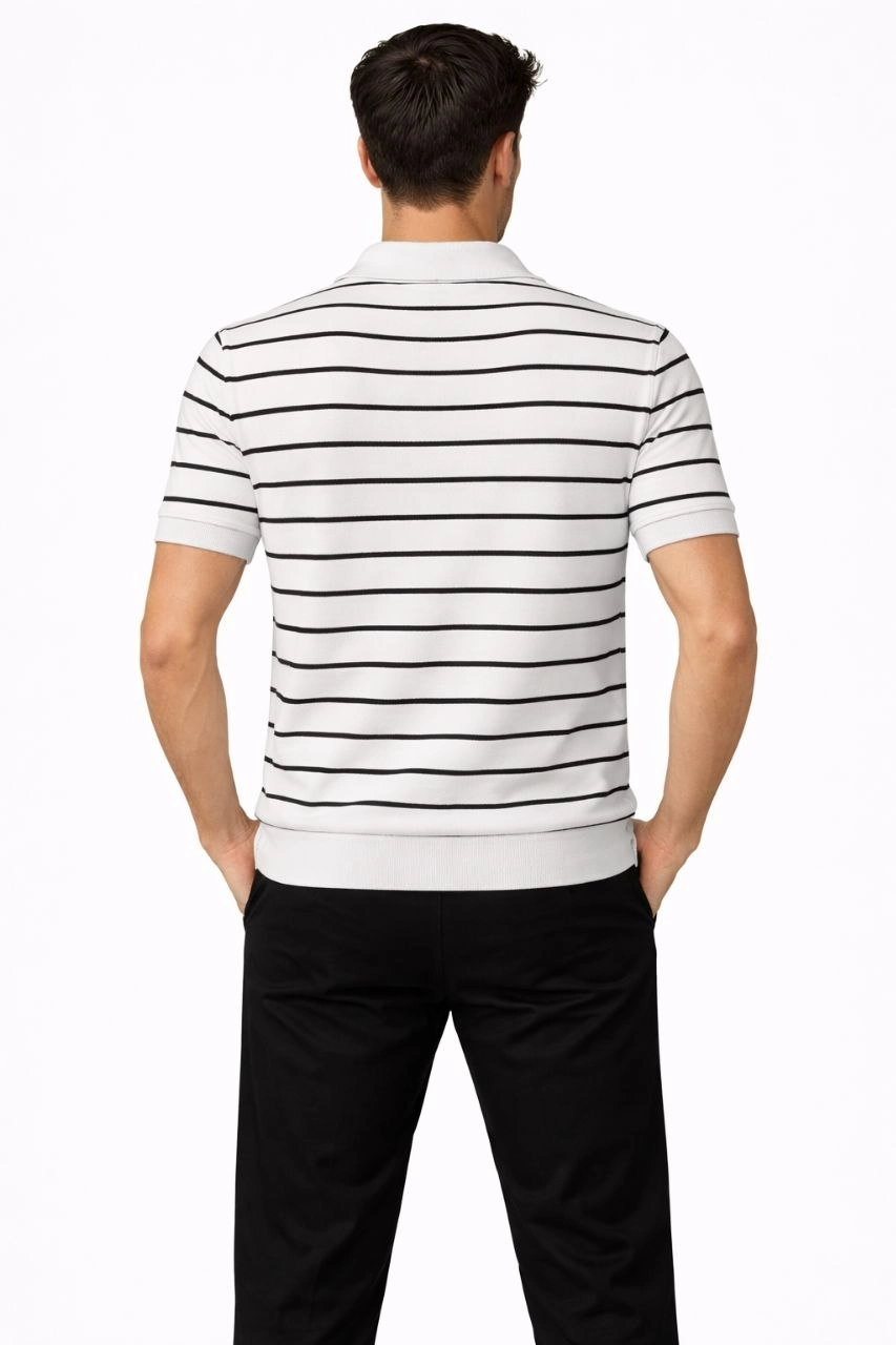 Erkek Triko Polo Yaka Fermuarlı Çizgili Tişört T-Shirt Yazlık Şık - Beyaz