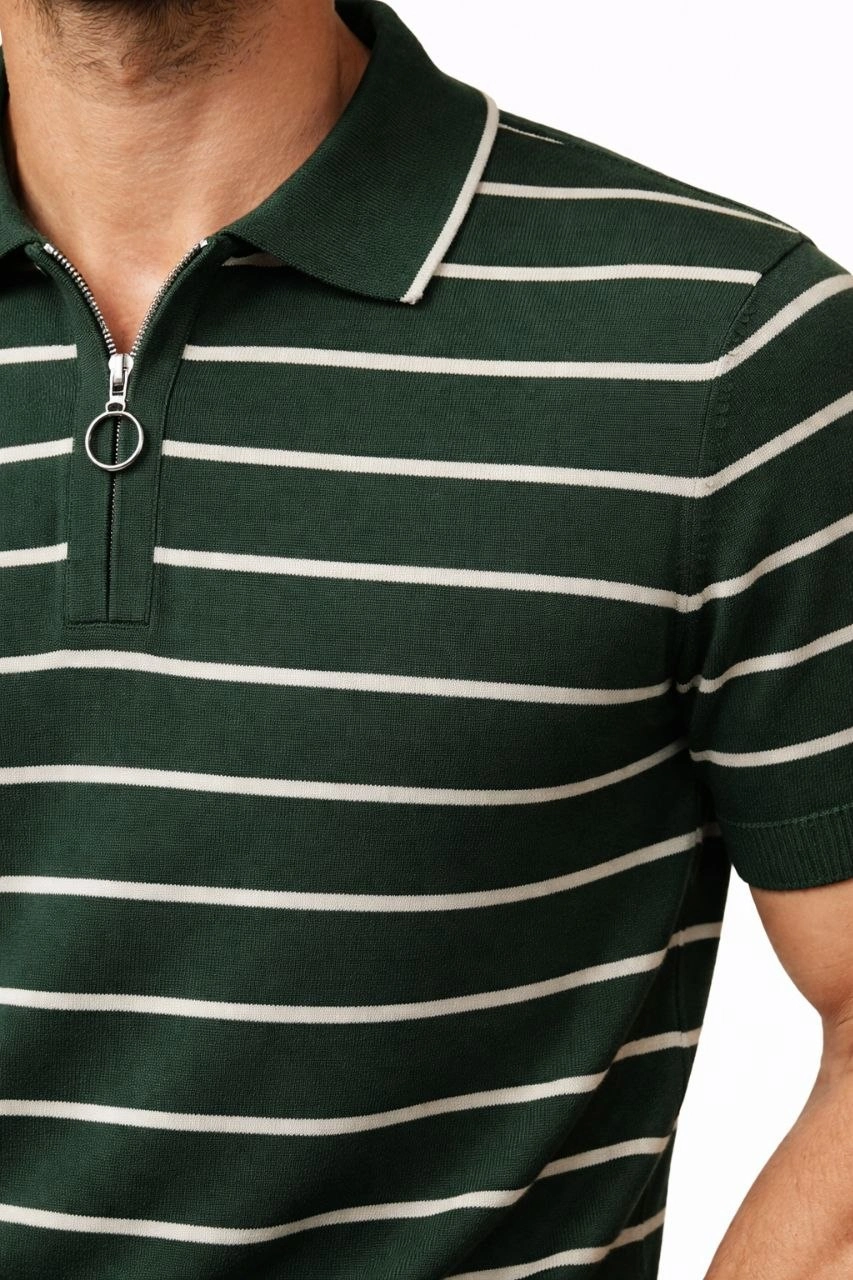Erkek Triko Polo Yaka Fermuarlı Çizgili Tişört T-Shirt Yazlık Şık - Yeşil