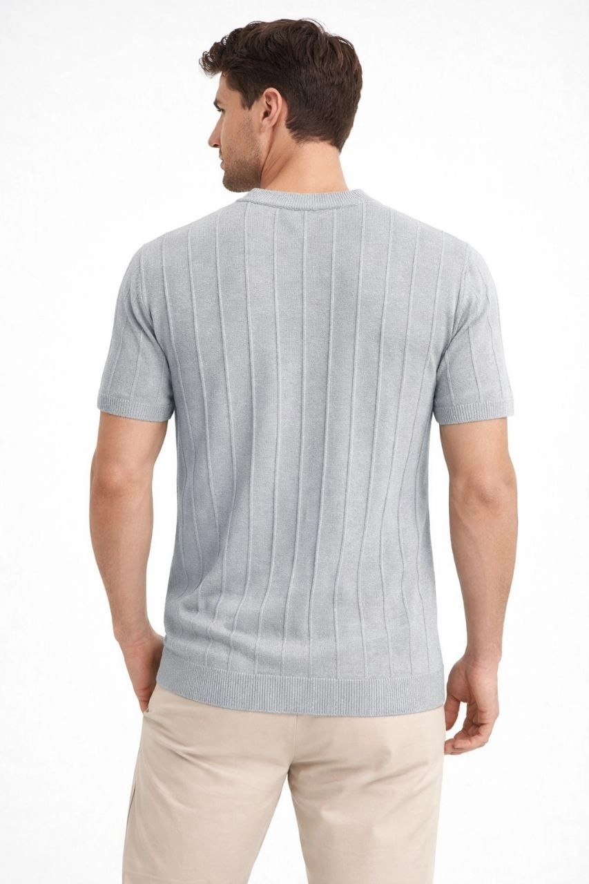 Erkek Yazlık Fitilli Triko Tişört Kısa Kol Bisiklet Yaka T-Shirt - Gri
