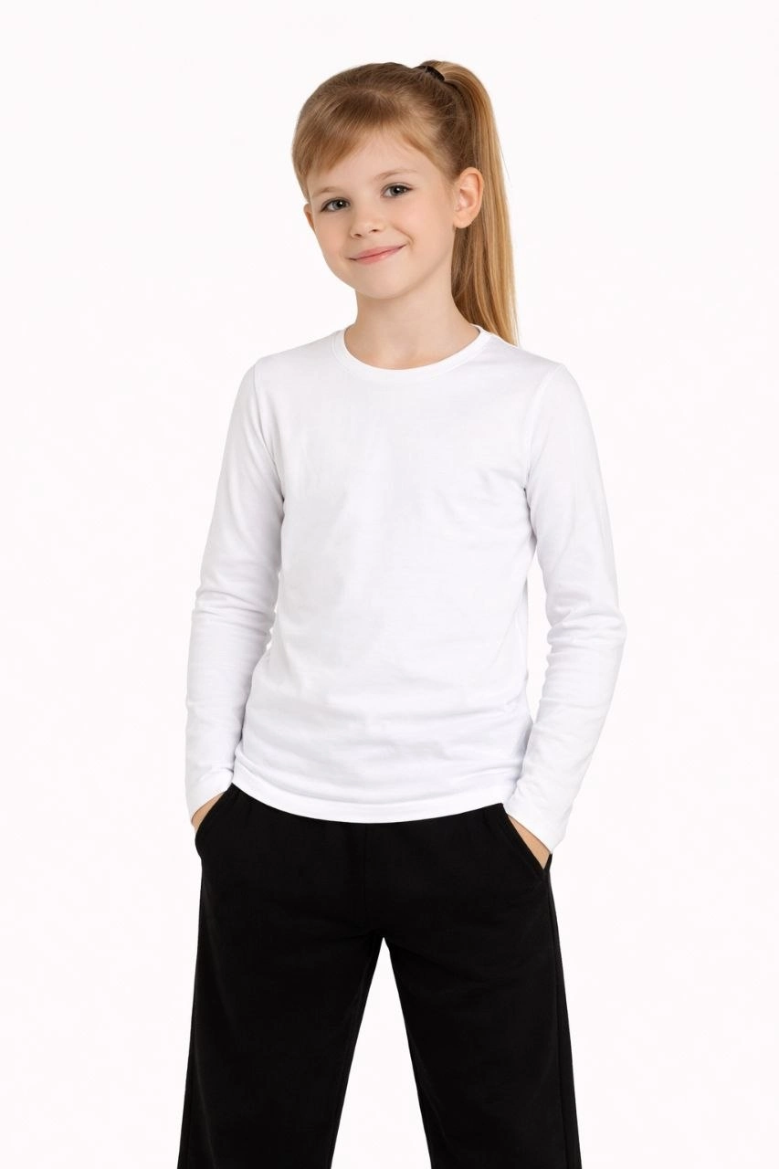 Kız Çocuk Basic Uzun Kollu Tişört Okul Günlük Rahat T-Shirt - Beyaz