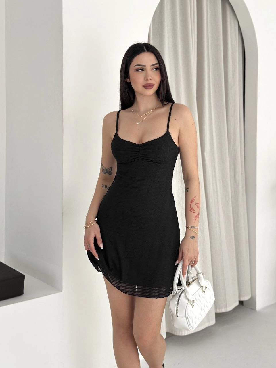 Kadın Askılı Mini Elbise Drapeli Göğüs Detay Likralı Yazlık Fit - Siyah