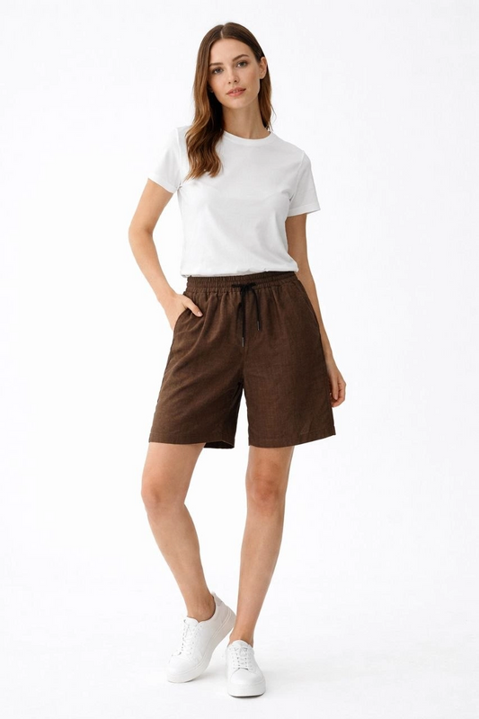 Kadın Keten Kumaş Cepli Rahat Kesim Bel Lastikli Şort - Kahverengi
