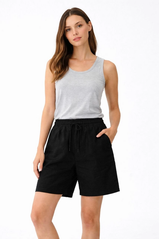 Kadın Keten Kumaş Cepli Rahat Kesim Bel Lastikli Şort - Siyah