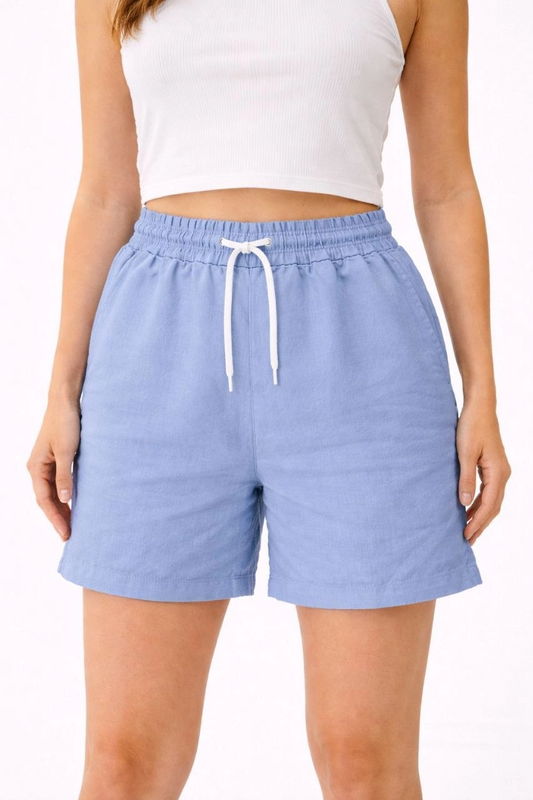 Kadın Keten Kumaş Cepli Rahat Kesim Bel Lastikli Şort - Mavi