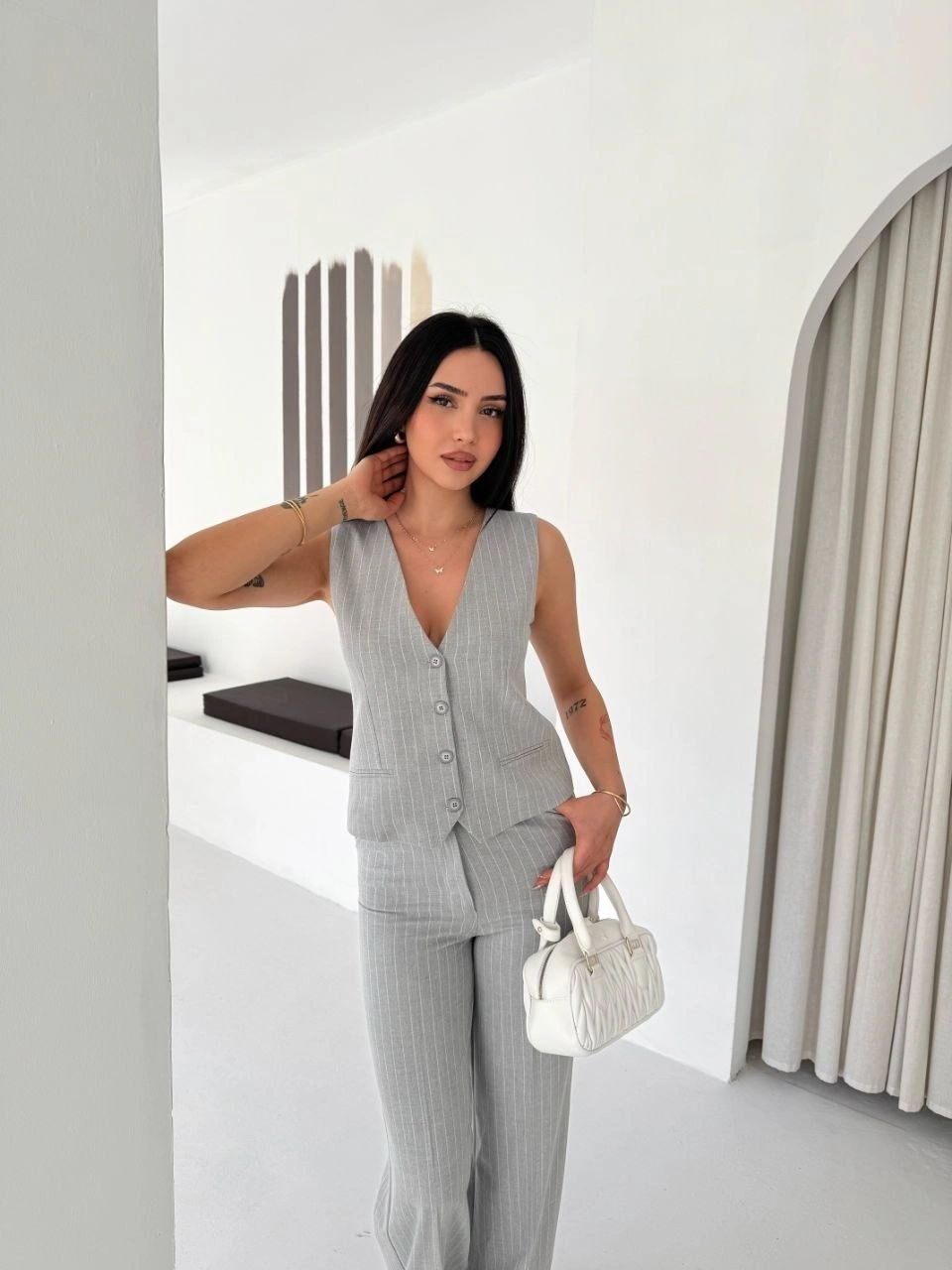 Kadın Çizgili Tansel Kumaş Yelek Pantolon İkili Takım Ofis Şık Modern - Gri