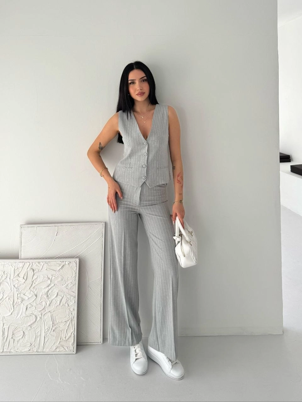 Kadın Çizgili Tansel Kumaş Yelek Pantolon İkili Takım Ofis Şık Modern - Gri