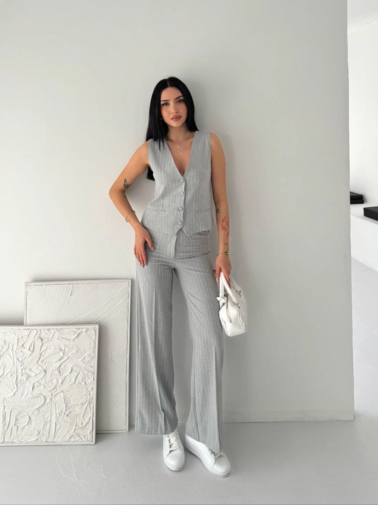 Kadın Çizgili Tansel Kumaş Yelek Pantolon İkili Takım Ofis Şık Modern - Gri