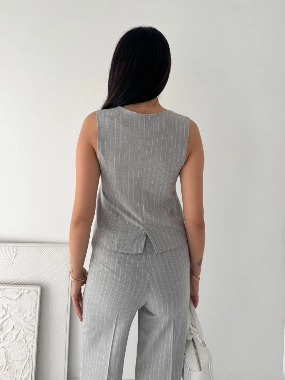 Kadın Çizgili Tansel Kumaş Yelek Pantolon İkili Takım Ofis Şık Modern - Gri