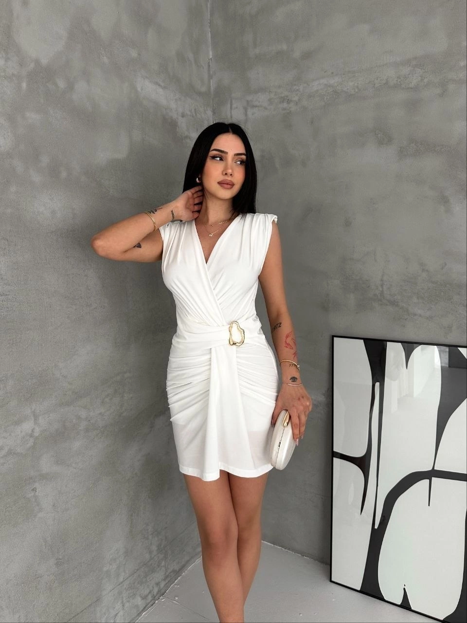 Kadın Kruvaze Drapeli Tokalı Mini Elbise Şık Gece Davet Abiye - Beyaz