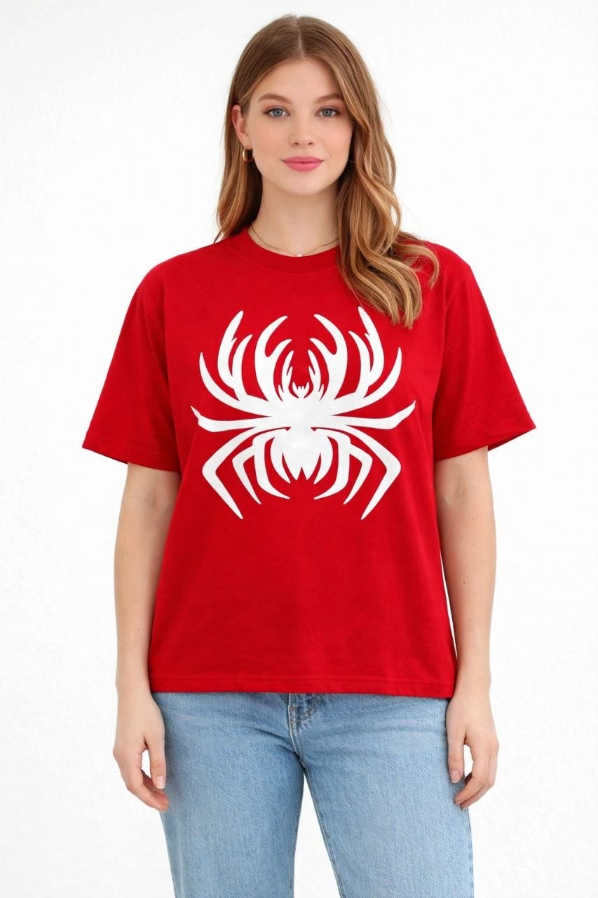 Kadın Örümcek Baskılı Tişört Kısa Kollu Bisiklet Yaka T-Shirt - Kırmızı