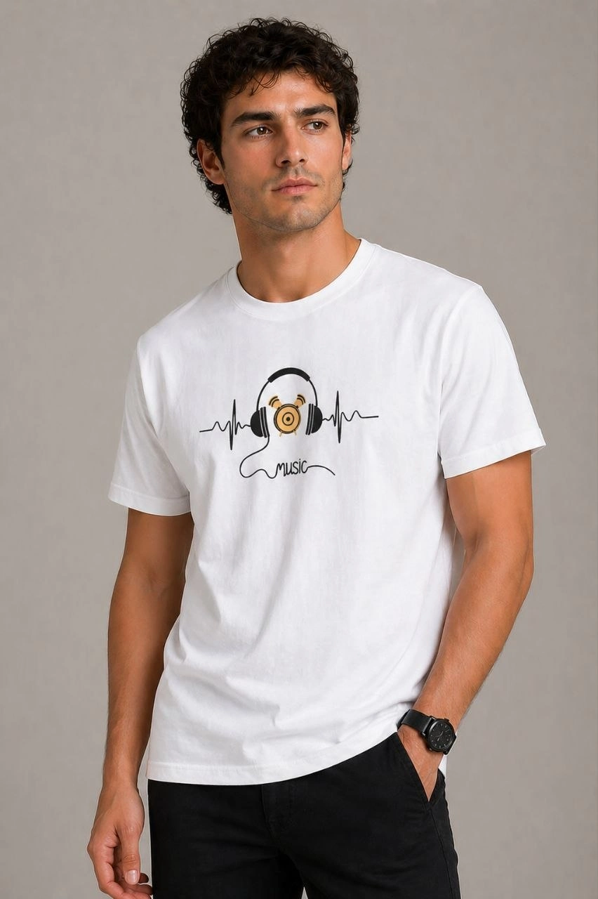 Erkek Müzik Temalı Baskılı Tişört Bisiklet Yaka Kısa Kol T-Shirt - Beyaz