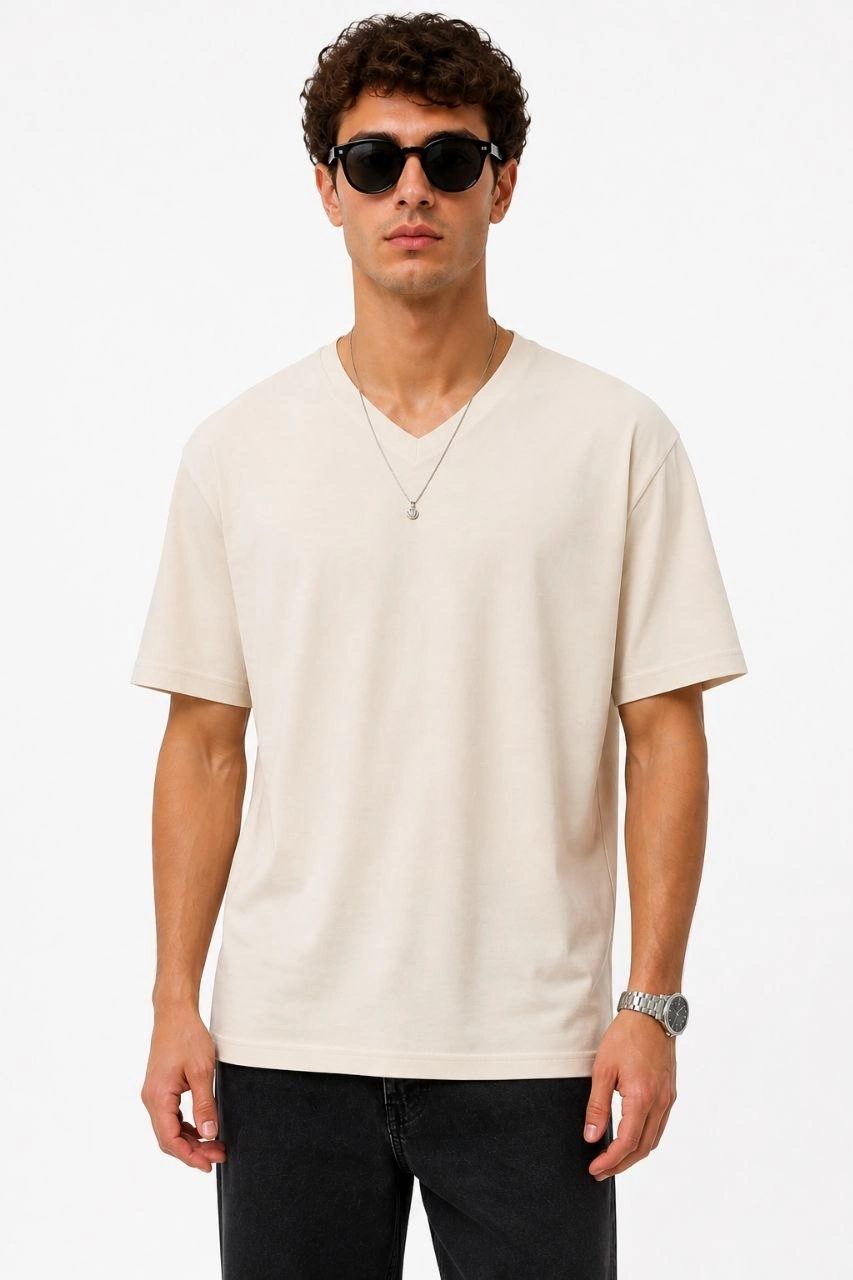Erkek V Yaka Basic Tişört Kısa Kol Yazlık Regular Fit T-Shirt - Bej