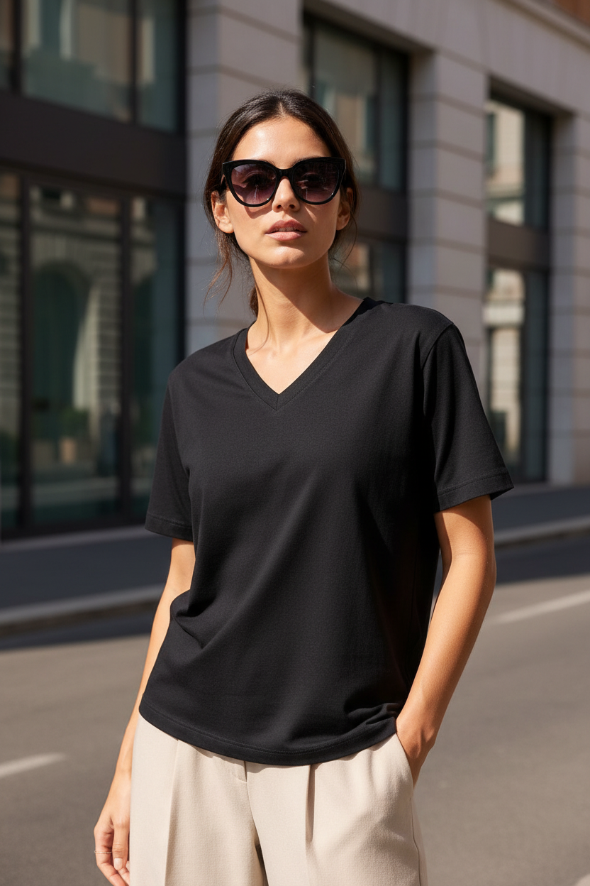 Kadın V Yaka Basic Tişört Kısa Kol Yazlık Regular Fit T-Shirt - Siyah