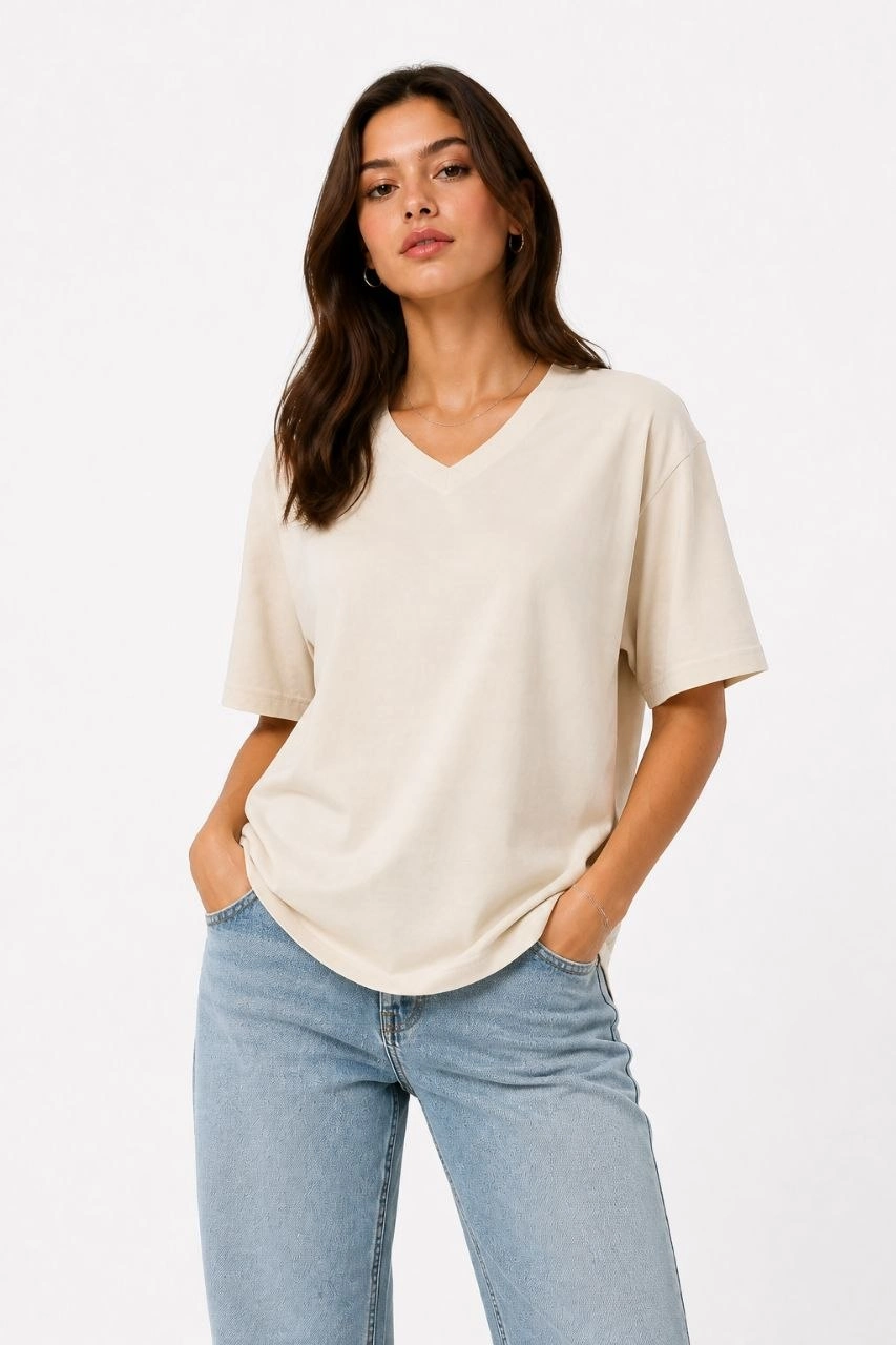 Kadın V Yaka Basic Tişört Kısa Kol Yazlık Regular Fit T-Shirt - Bej