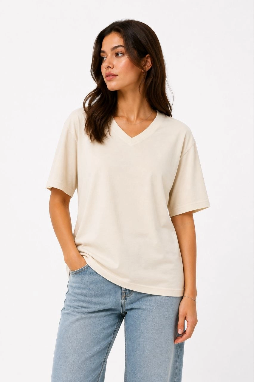 Kadın V Yaka Basic Tişört Kısa Kol Yazlık Regular Fit T-Shirt - Bej