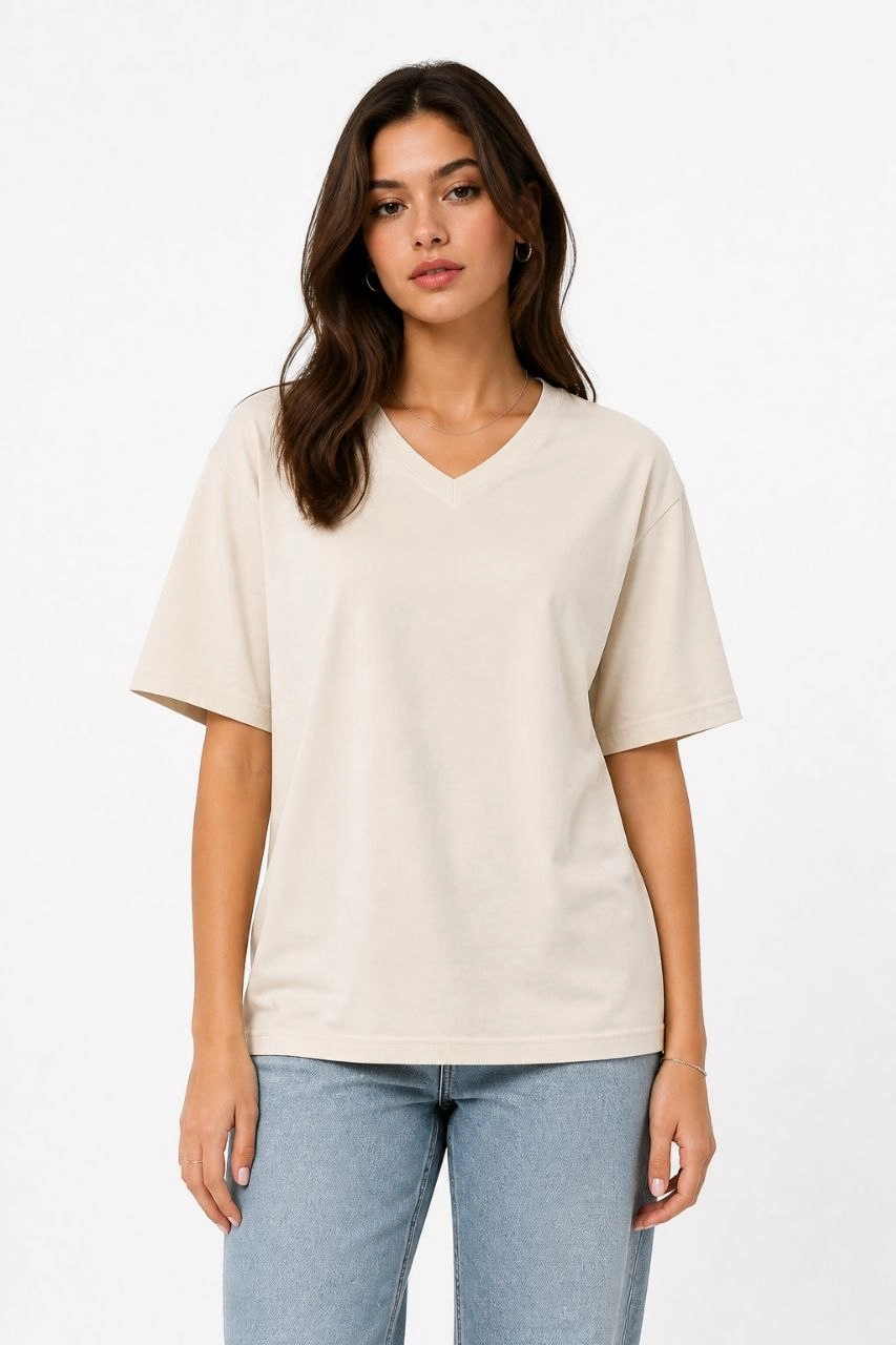 Kadın V Yaka Basic Tişört Kısa Kol Yazlık Regular Fit T-Shirt - Bej