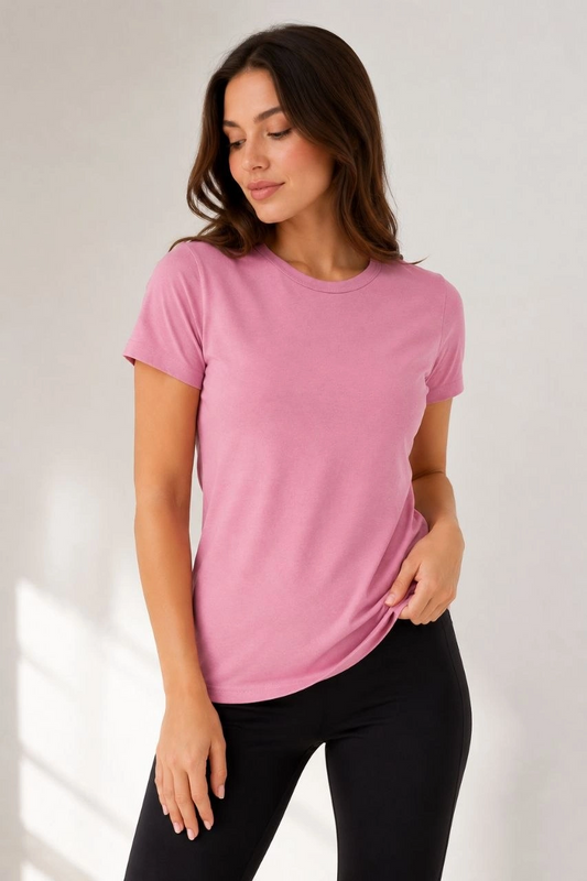 Kadın Basic Tişört Bisiklet Yaka Kısa Kol Günlük Yazlık Slim fit T-Shirt - Pembe
